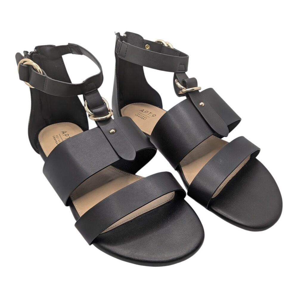 Women's Apt 9 Black Faux Leather Gladiator Sandals Size 9.5 Zip Back Gold Buckle